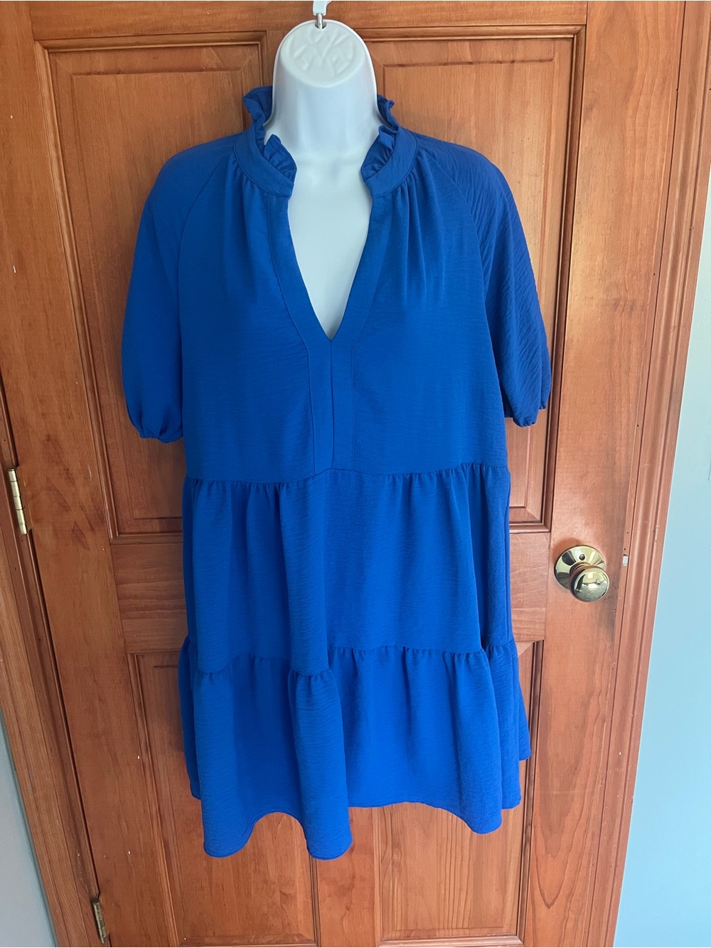 STATE Cobalt Blue Tiered Mini Dress with Ruffle Neck